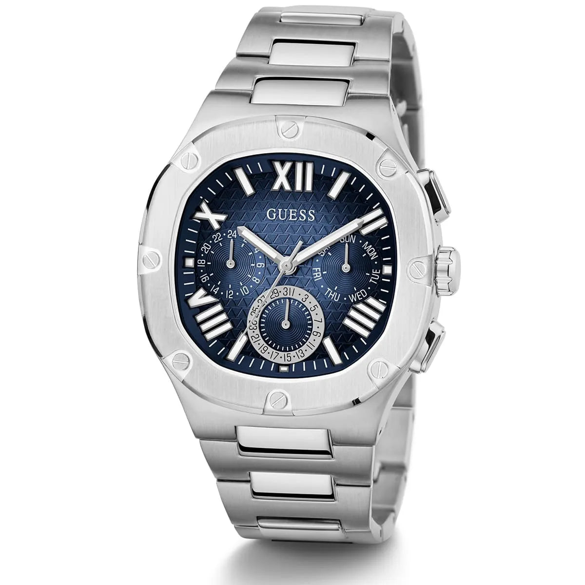 Angled view of Guess GW0572G1 showing the polished silver-tone cushion case