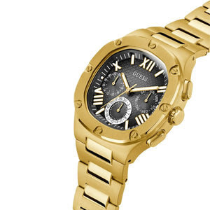Left side perspective of the Guess GW0572G2 black dial and gold link bracelet