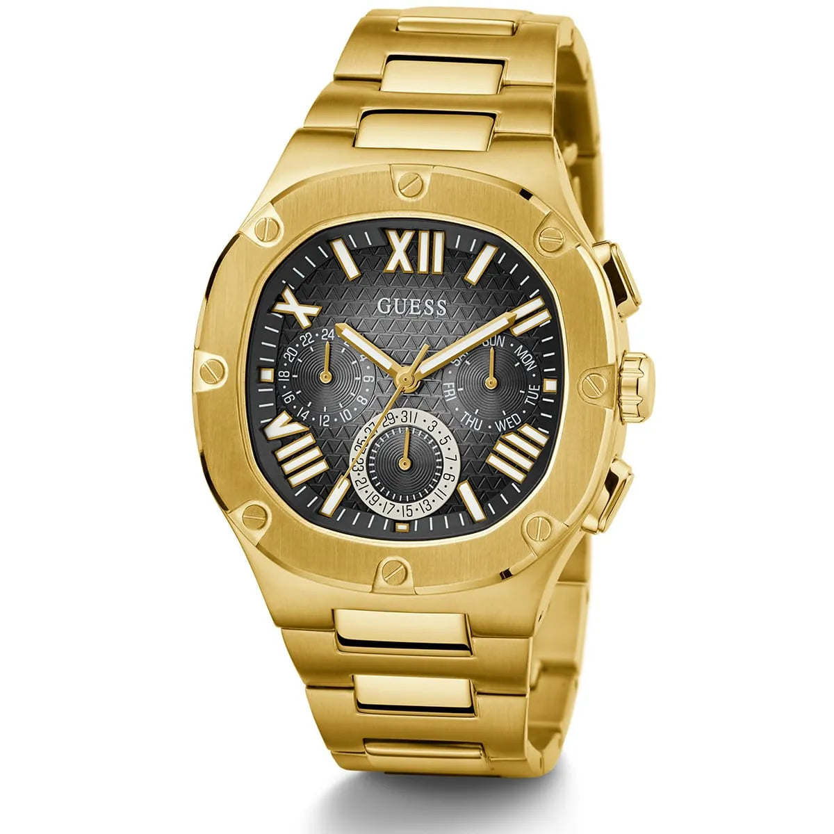 Angled view of the Guess GW0572G2 highlighting the polished gold-tone case and textured dial depth