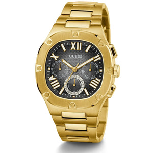 Angled view of the Guess GW0572G2 highlighting the polished gold-tone case and textured dial depth