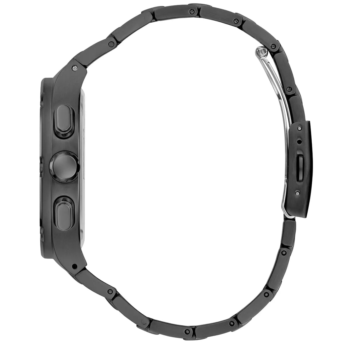 Left side perspective of the Guess GW0572G3 blue sunray dial and multifunction sub-dials