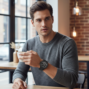 Male model wearing Guess GW0572G3 gold watch with a formal navy suit