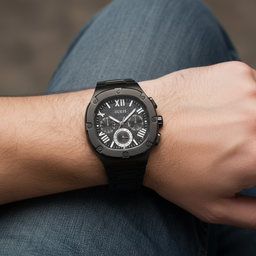 Close up of Guess GW0572G3 watch on a man's wrist showing gold shine and blue dial