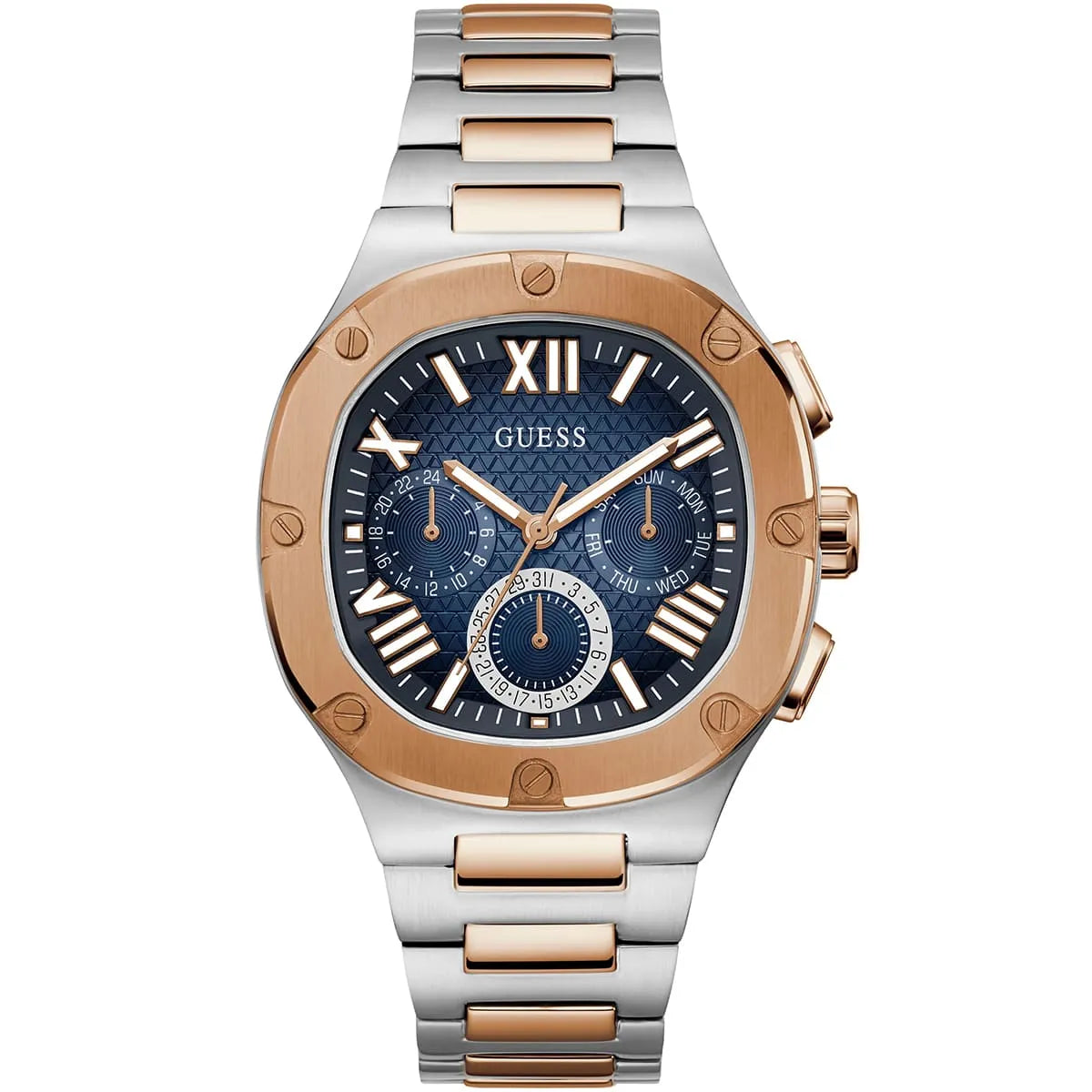 Guess Headline GW0572G4 men's watch with two-tone silver and rose gold bracelet and blue grid dial