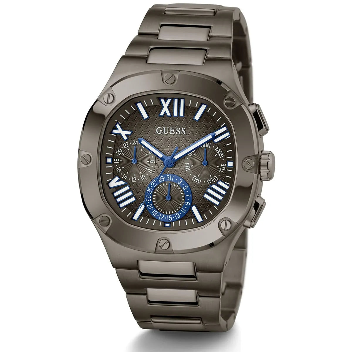Angled view of Guess GW0572G5 showing the gunmetal ion-plated cushion case