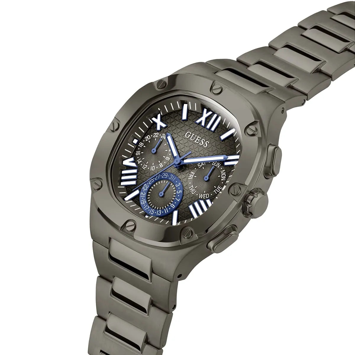 Side profile of Guess GW0572G5 highlighting the gunmetal crown and case thickness