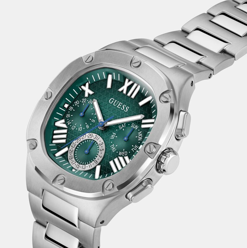 Angled view of Guess GW0572G6 showing the polished silver-tone cushion case