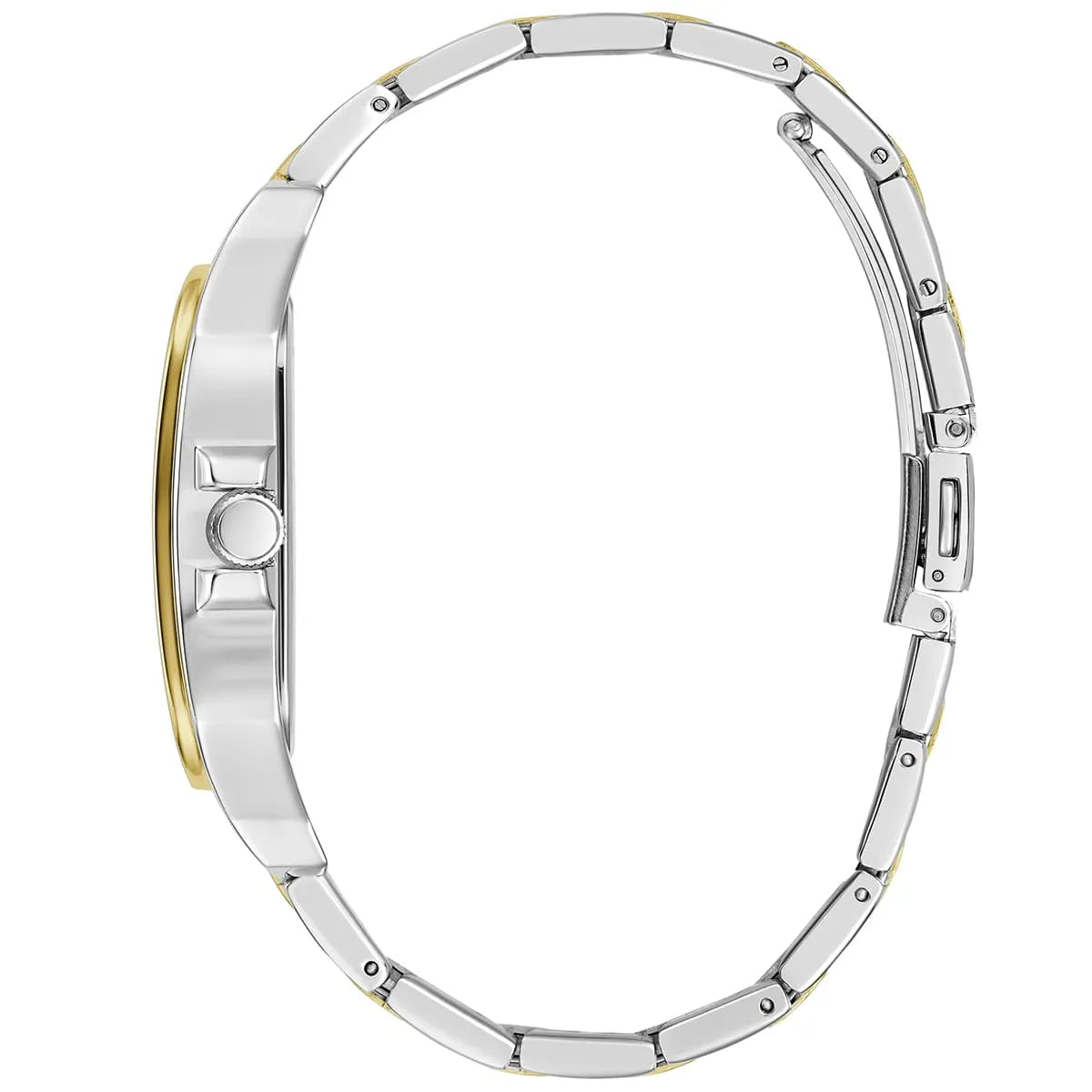Left side view of the sleek two-tone stainless steel case of Guess GW0631G1