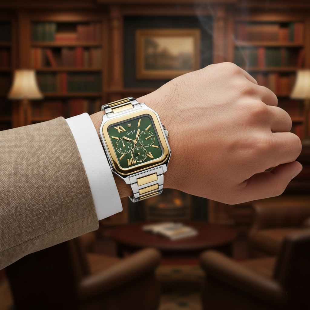 AI lifestyle shot of a man wearing the classic Guess GW0631G1 two-tone watch