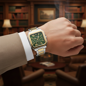AI lifestyle shot of a man wearing the classic Guess GW0631G1 two-tone watch