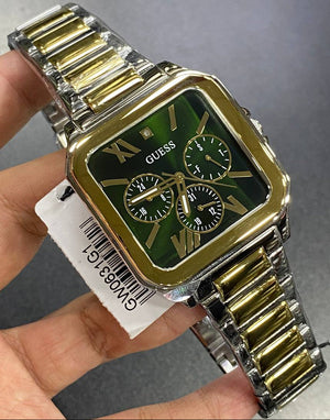 Real-life image of Guess GW0631G1 showing the actual green color and diamond sparkle