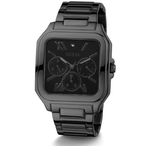 Angled view of the Guess GW0631G2 highlighting the unique square black ion-plated case