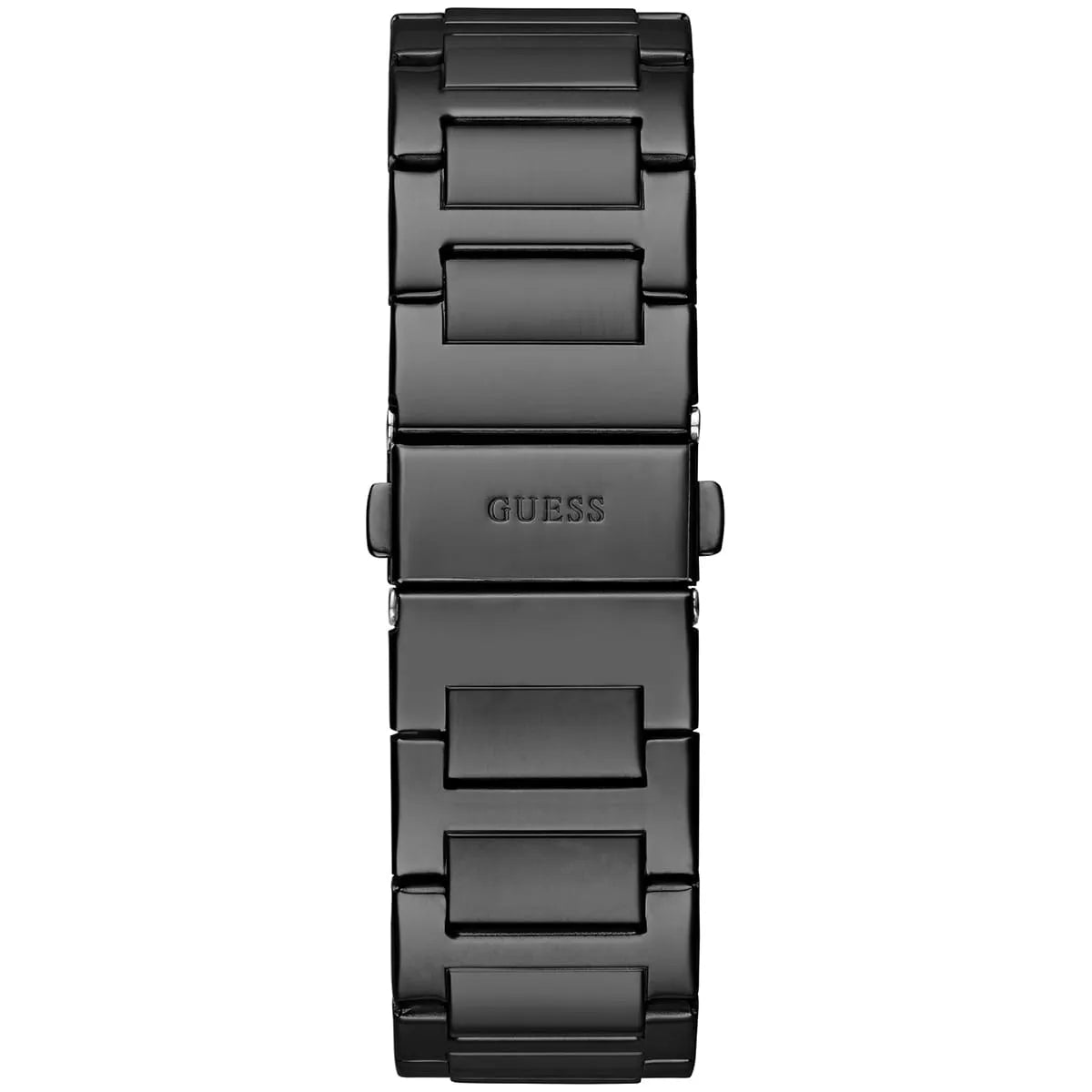 Black ion-plated deployment clasp on the stainless steel bracelet of the Guess GW0631G2