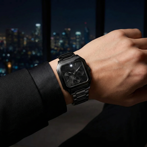 Male model wearing Guess GW0631G2 black square watch with a high-fashion formal outfit