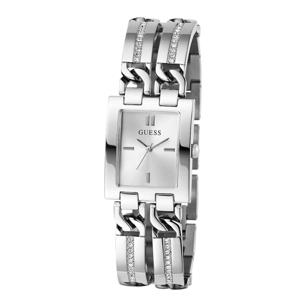 Angled view of the Guess GW0668L1 highlighting the polished silver finish and rectangular shape