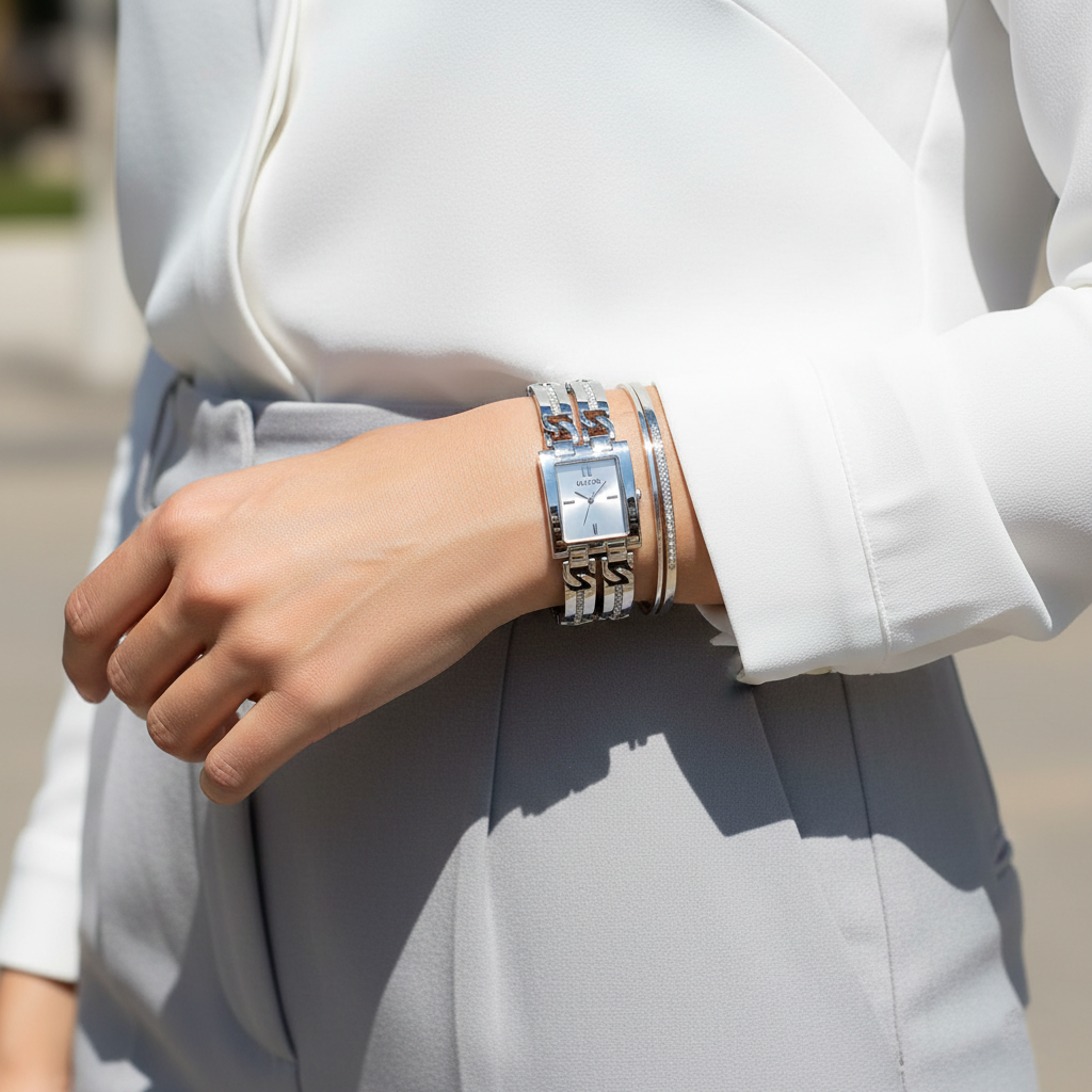 Woman wearing Guess GW0668L1 silver watch with a black evening dress