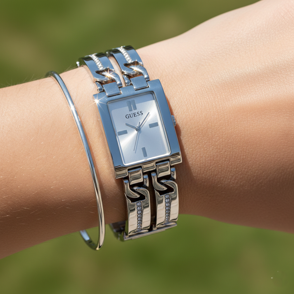 Close up shot of Guess GW0668L1 watch on wrist showing the sparkling crystal bars on the silver strap