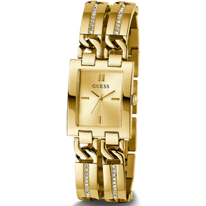 Angled view of the Guess GW0668L2 highlighting the polished gold finish and rectangular shape