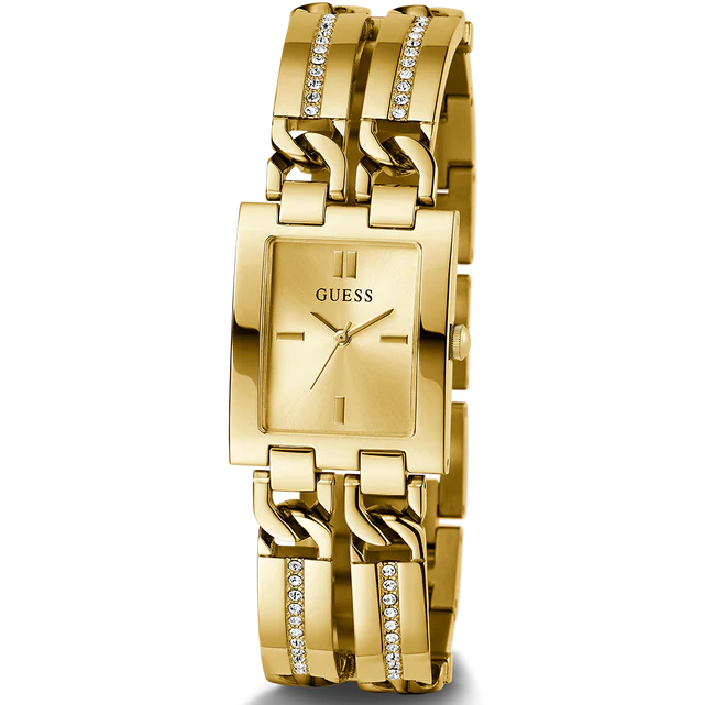 Angled view of the Guess GW0668L2 highlighting the polished gold finish and rectangular shape