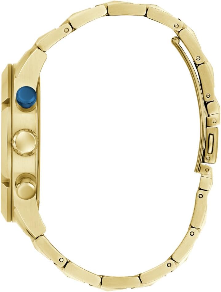 Left side view of the sleek gold-tone stainless steel case of Guess GW0714G2