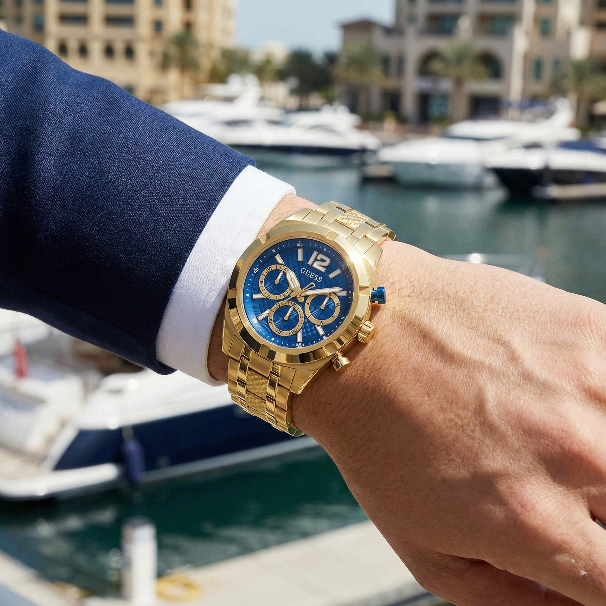 AI lifestyle image of Guess GW0714G2 gold watch on a man's wrist