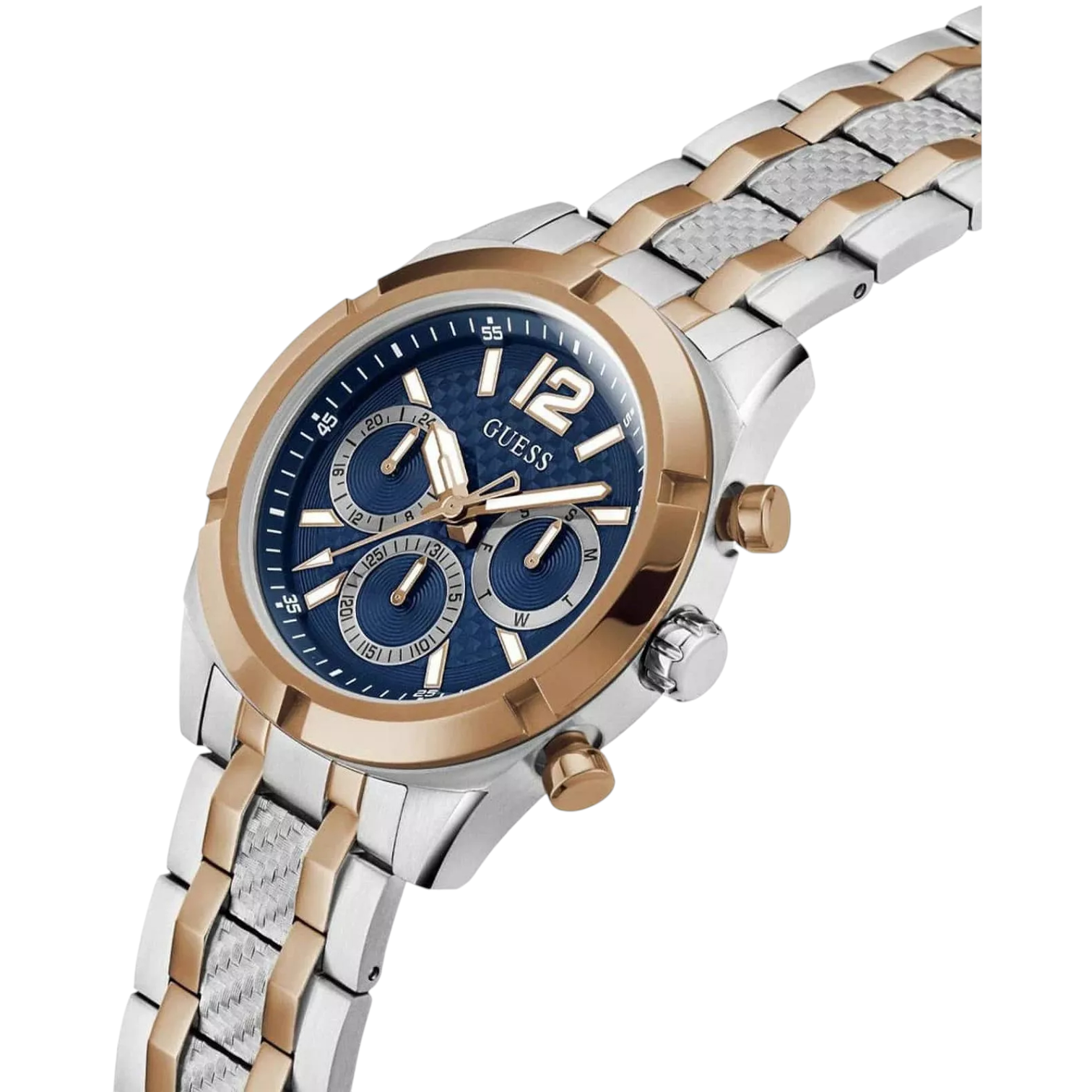 Angled profile of Guess GW0714G3 highlighting the rose gold textured bracelet links