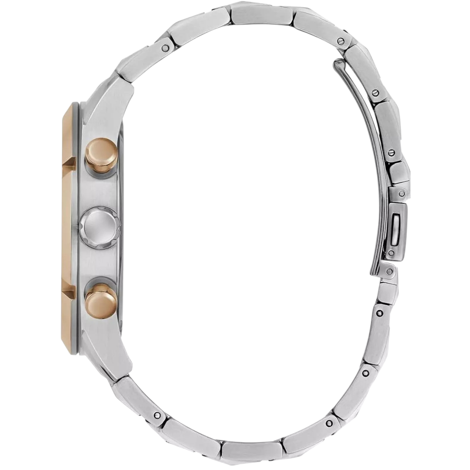 Side view of Guess GW0714G3 showing the rose gold-tone crown and silver case