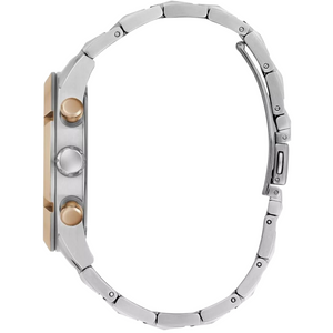 Side view of Guess GW0714G3 showing the rose gold-tone crown and silver case