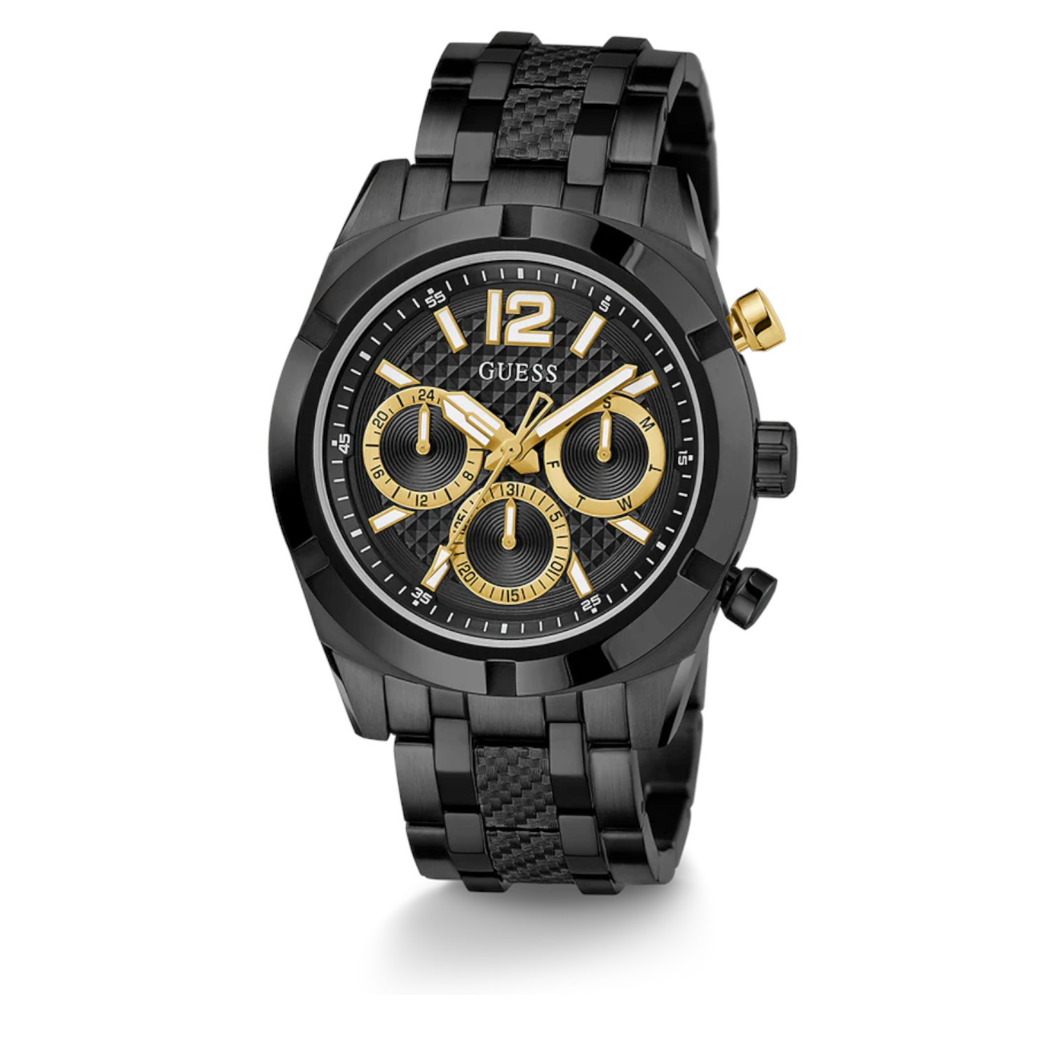 Angled view of Guess GW0714G4 highlighting the textured black bracelet links