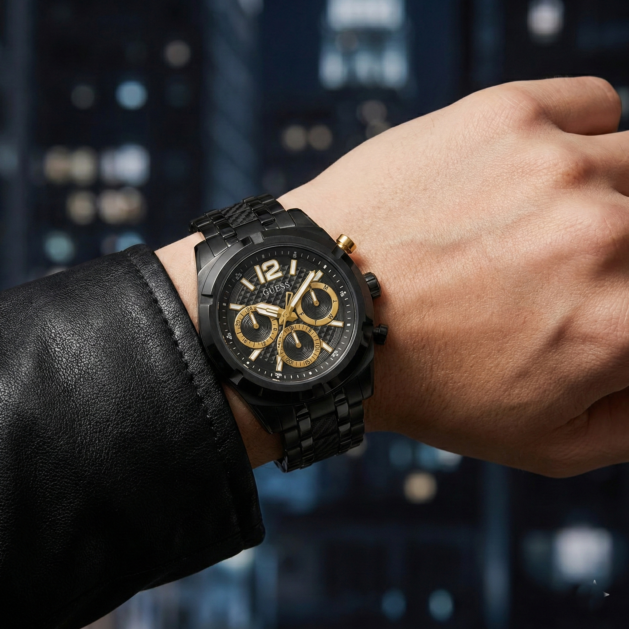 AI lifestyle shot of a man wearing the Guess GW0714G4 black and gold watch