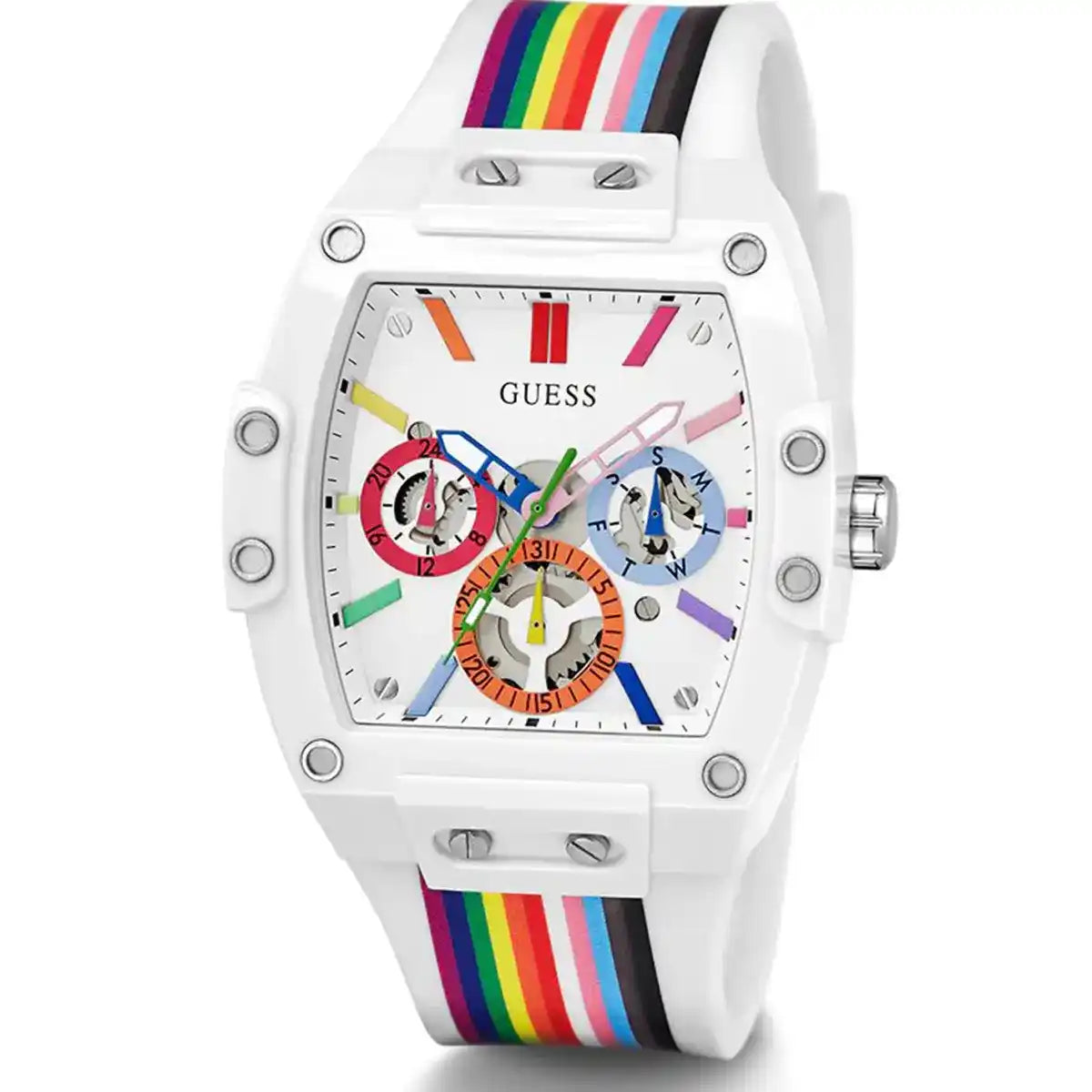 Angled profile of Guess GW0720G1 showing the polished white polycarbonate case