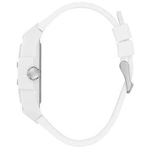Left side view of the sleek white barrel-shaped case of Guess GW0720G1