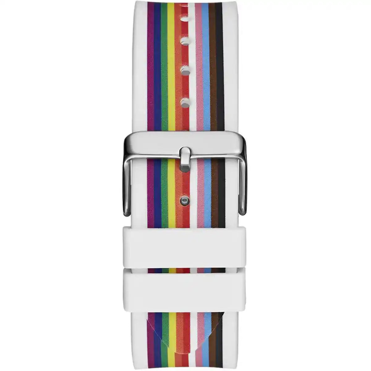 Close-up of the textured white rubber strap with rainbow stripe accents on GW0720G1