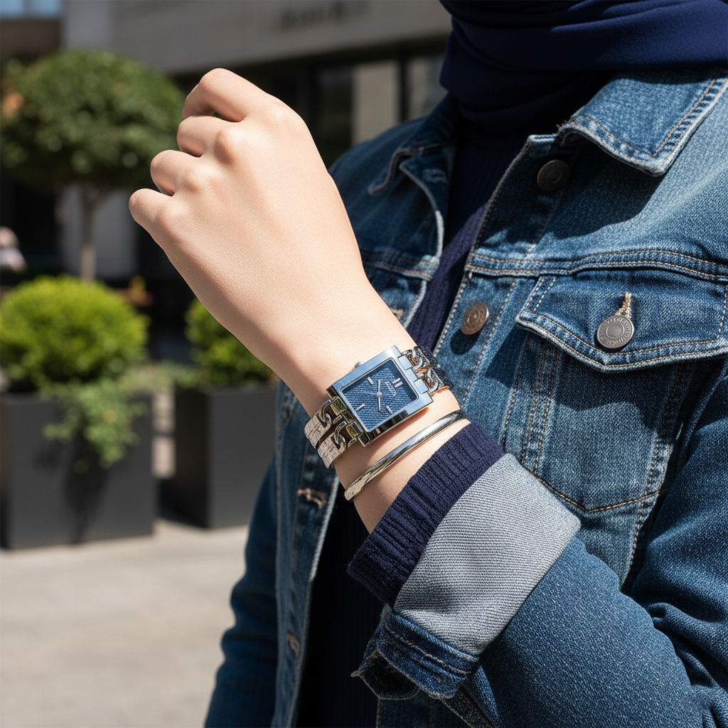 Woman wearing Guess GW0807L1 silver watch with a denim jacket outfit