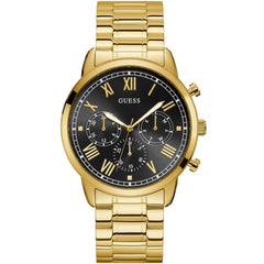 Front view of Guess Hendrix W1309G2 watch with black dial and gold metal strap