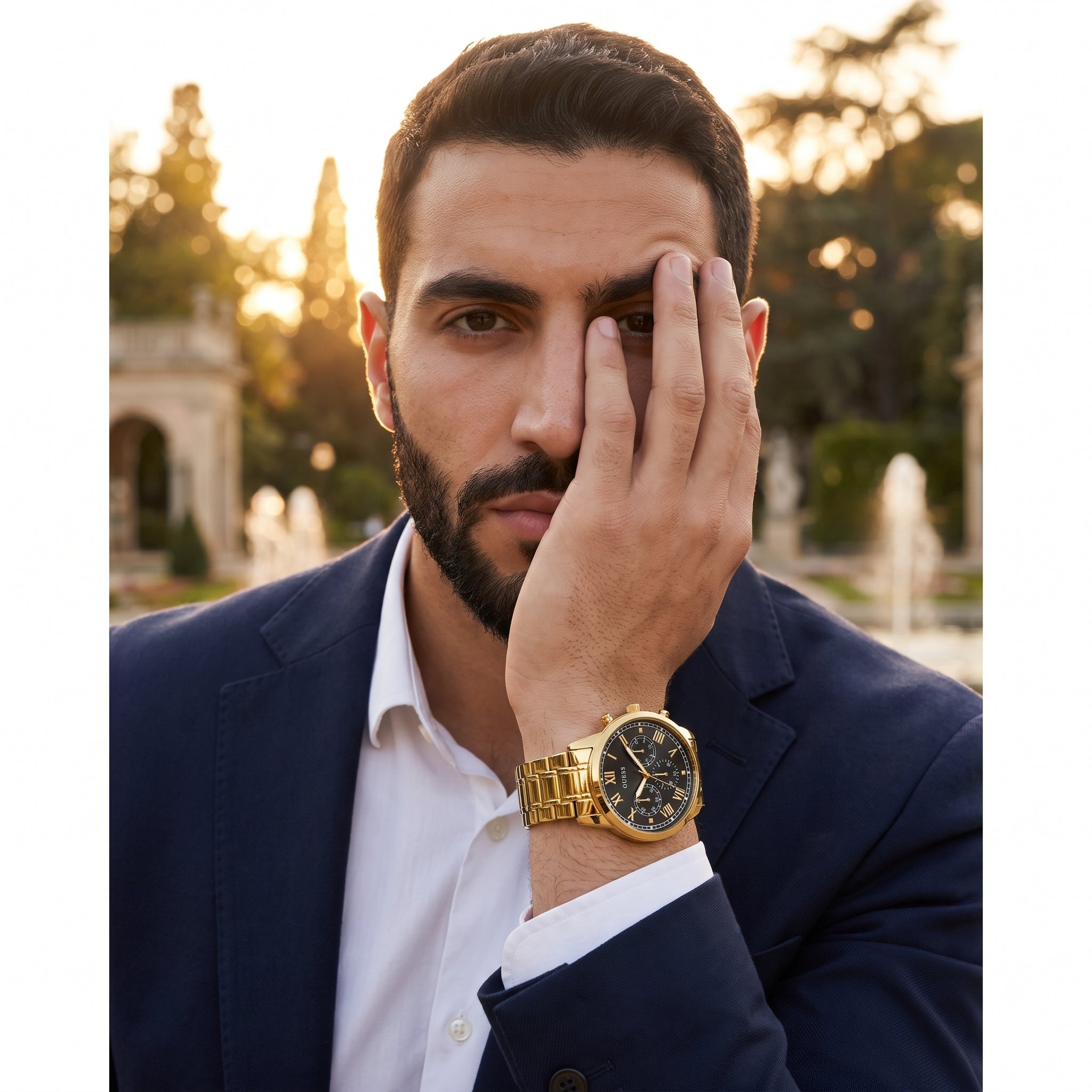 Lifestyle photo of Guess Hendrix W1309G2 watch on a man's wrist
