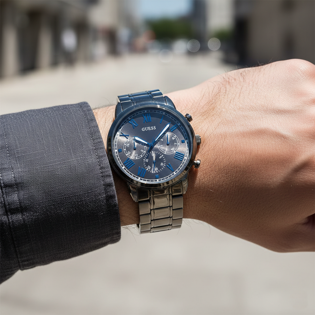 Man wearing Guess Hendrix W1309G3 gunmetal watch with a modern casual outfit