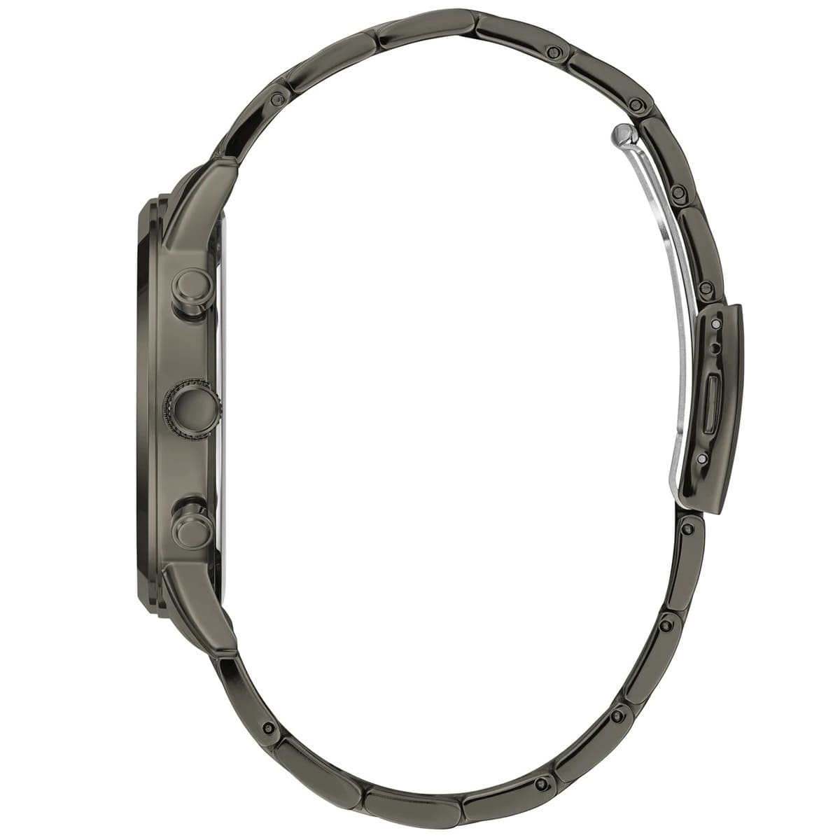 Side profile view of the 9mm slim gunmetal stainless steel case of the Guess Hendrix watch