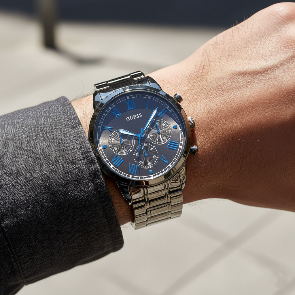 Close up shot of Guess Hendrix W1309G3 watch on wrist showing the minimalist grey dial