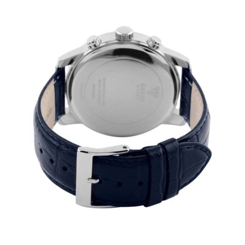 Back view of the Guess W0380G3 watch showing the stainless steel caseback and Horizon details