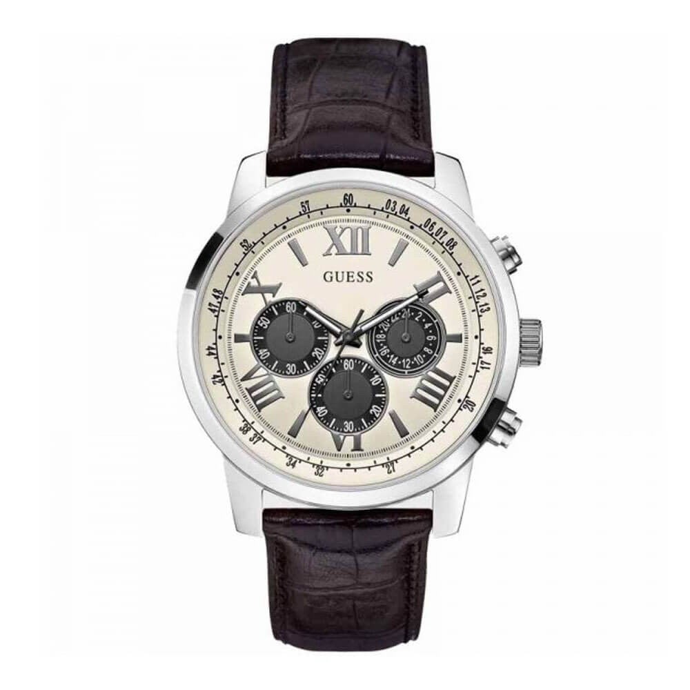 Front view of Guess Horizon W0380G1 watch with off-white dial and calfskin leather strap