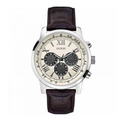 Front view of Guess Horizon W0380G1 watch with off-white dial and calfskin leather strap