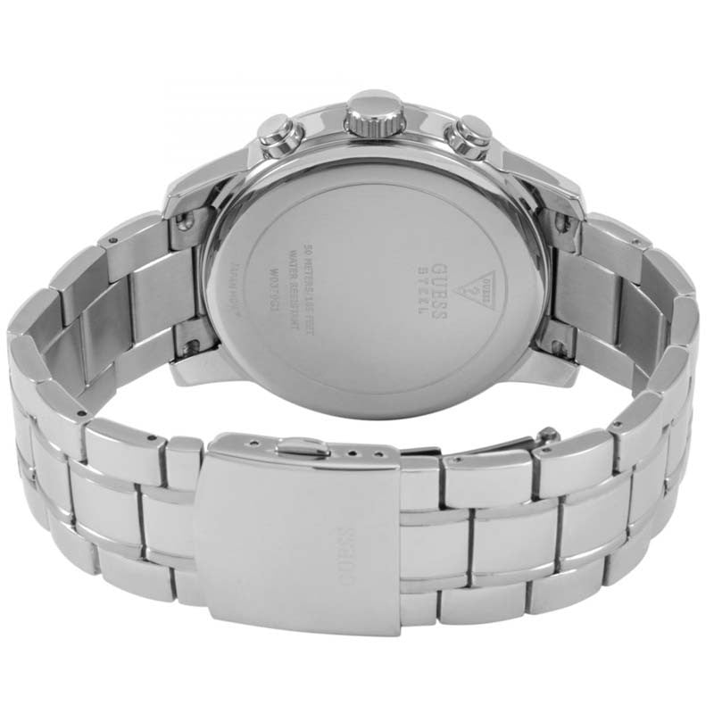 Back view of the Guess W0379G1 watch showing the stainless steel caseback and Horizon details