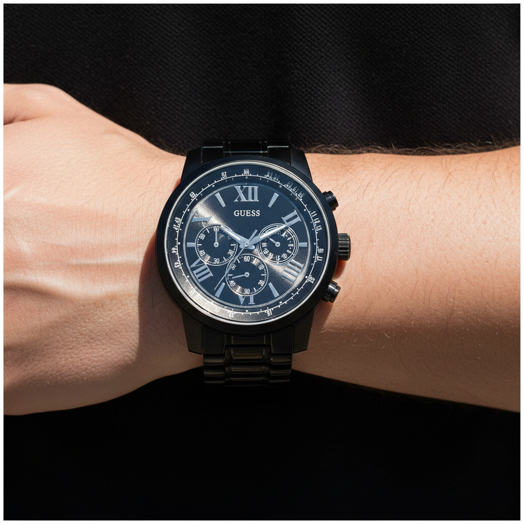 Man wearing Guess Horizon W0379G2 black metal watch with a dark monochrome outfit