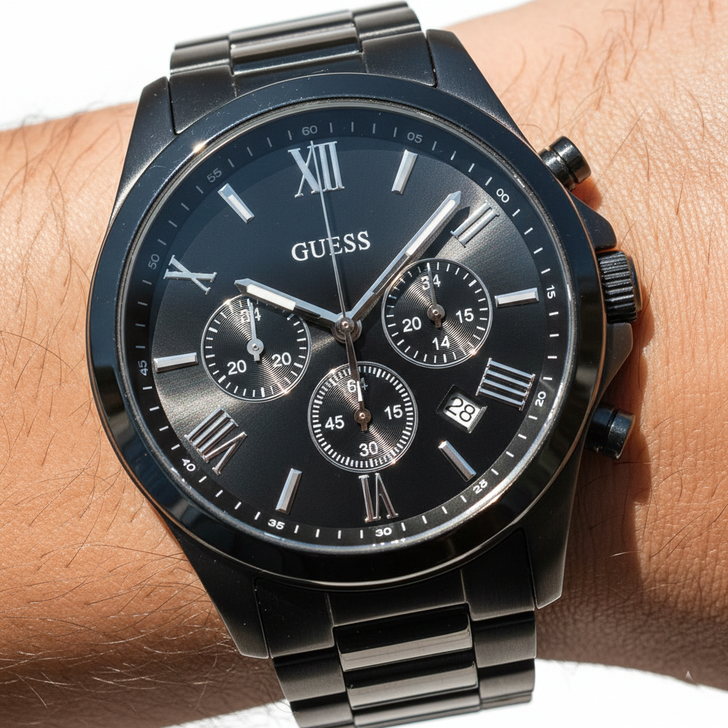 Close up shot of Guess Horizon W0379G2 watch on wrist showing the black dial and silver roman numerals