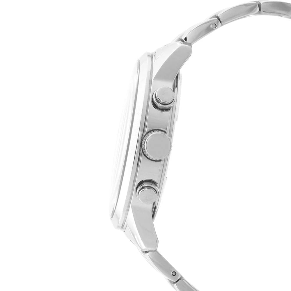 Detailed side view of the silver crown and pushers on the Guess W0379G3