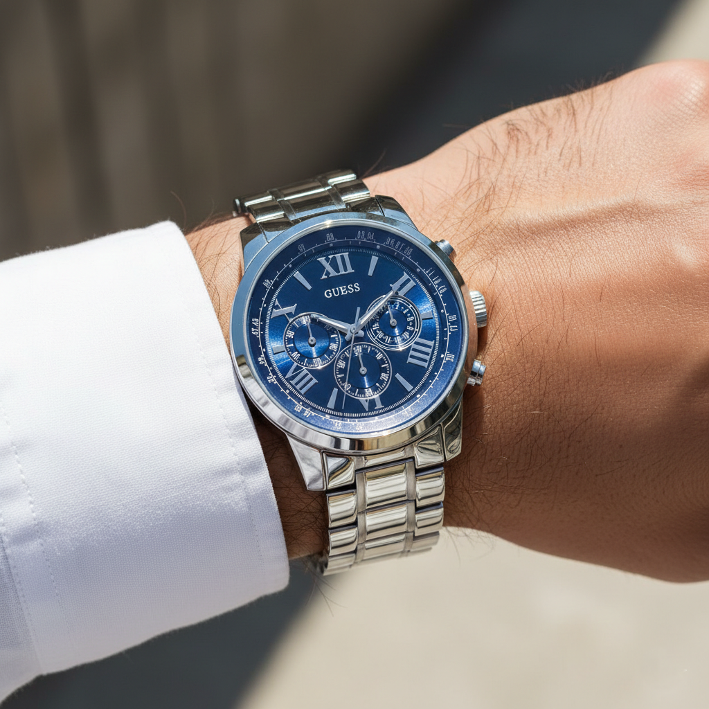 Man wearing Guess Horizon W0379G3 silver and blue metal watch with a business suit