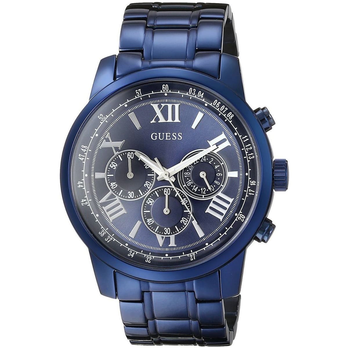 Angled view of the Guess W0379G5 highlighting the polished blue finish and 45mm case