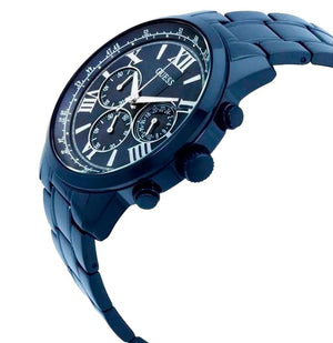 Detailed side view of the blue crown and pushers on the Guess W0379G5