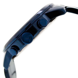 Side profile view of the 12mm thick blue stainless steel case of the Guess Horizon watch